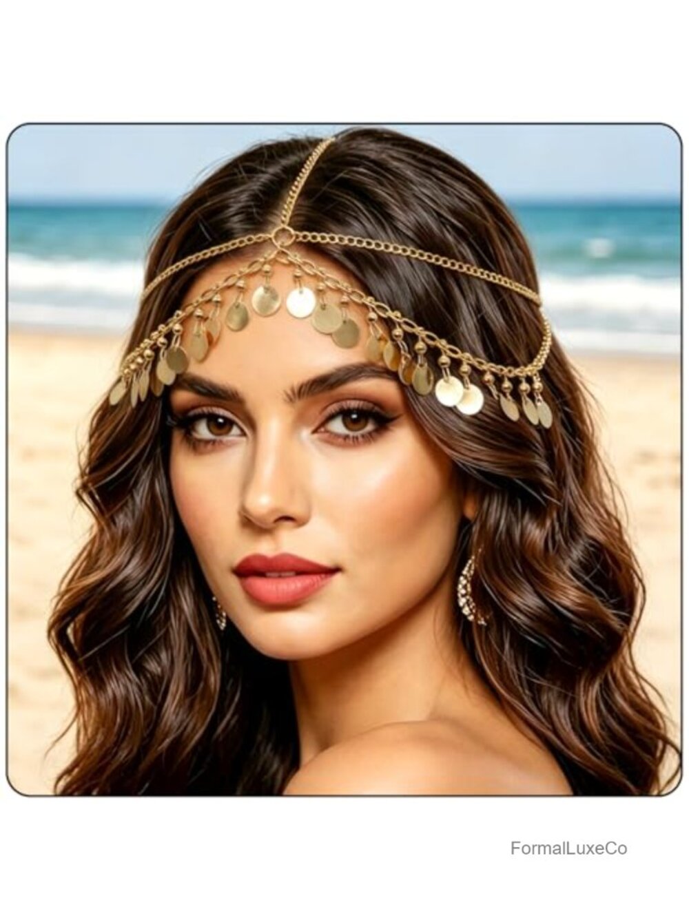 Gold Sequin Head Chain Boho Layered Headpiece Egyptian Forehead Jewelry